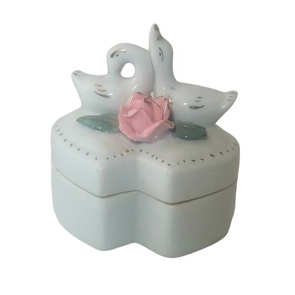 Vintage Heart Shaped Double Swan and Rose Trinket Box With Gold Accent 3.5" Tall - Picture 1 of 11